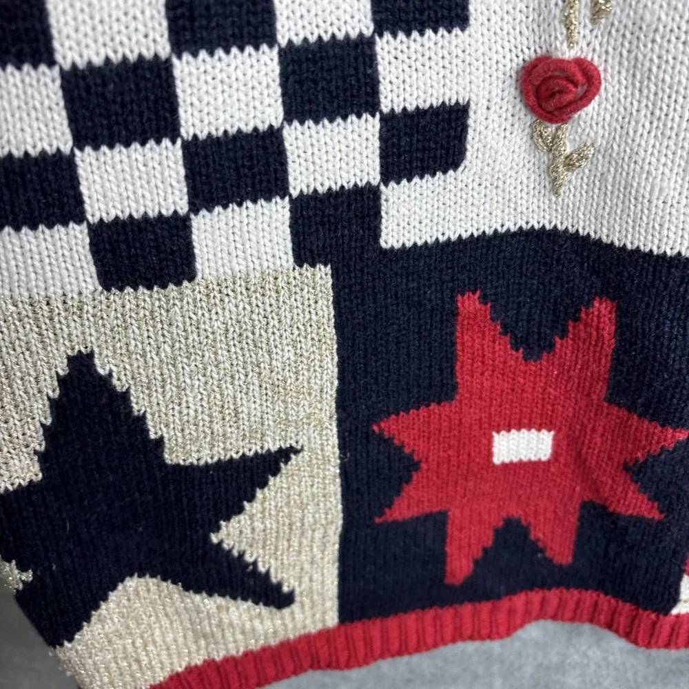 Vintage 90s Patriotic Teacher Sweater M Flag Red Blue Embroidered Patchwork